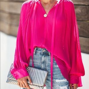 Vici- Set In Her Ways Pleated Chiffon Blouse in Hot Pink